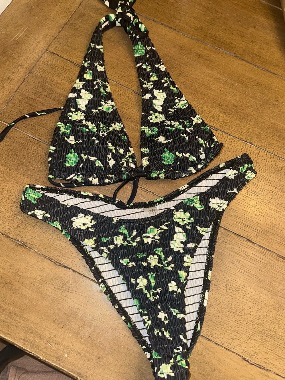 Floral Black & Green Smocked Bikini Set
